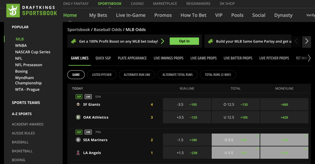 DraftKings MLB Main Homepage
