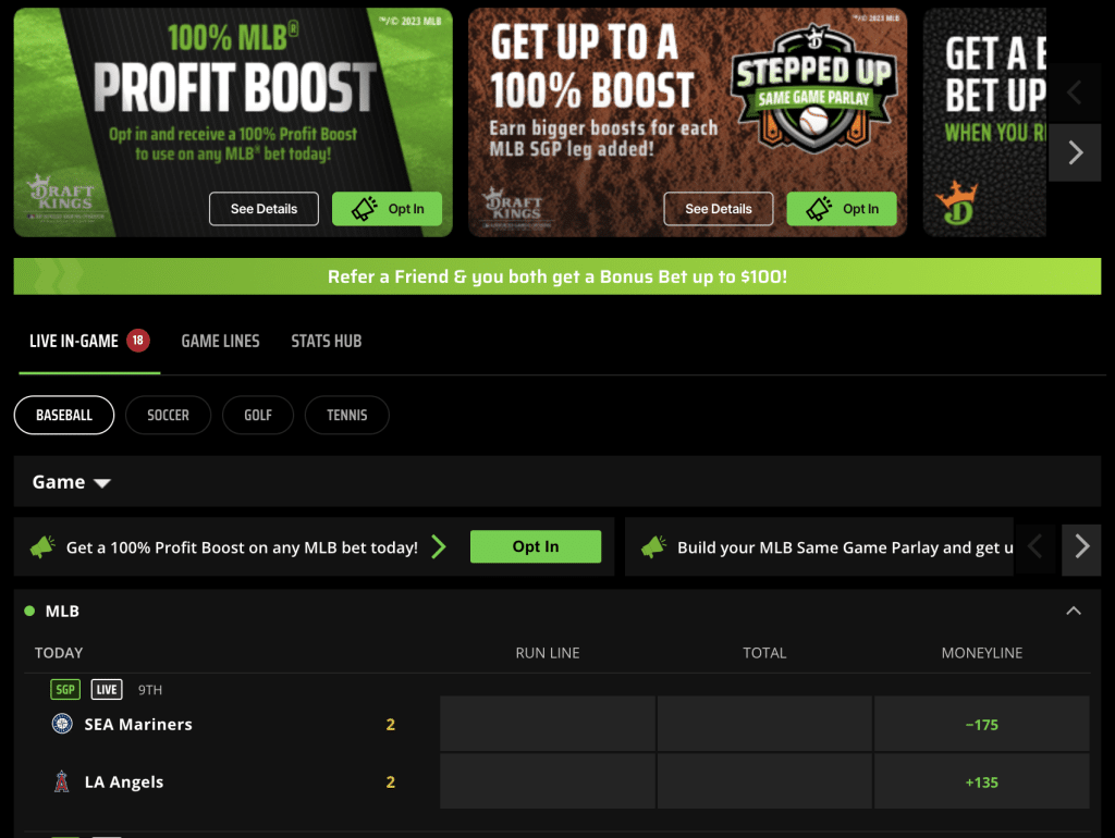 MLB betting page DraftKings