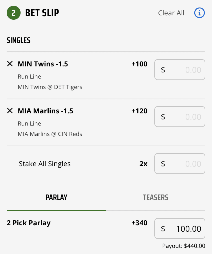 MLB DraftKings run line parlay