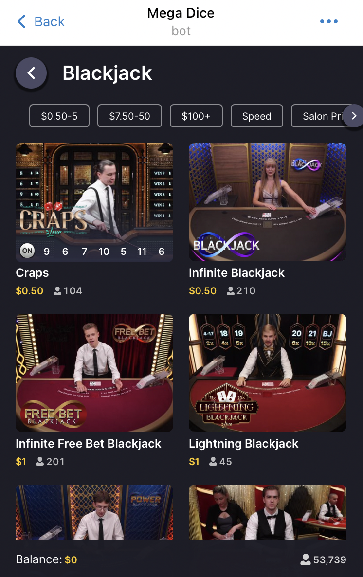 Blackjack on the Mega Dice Telegram casino 