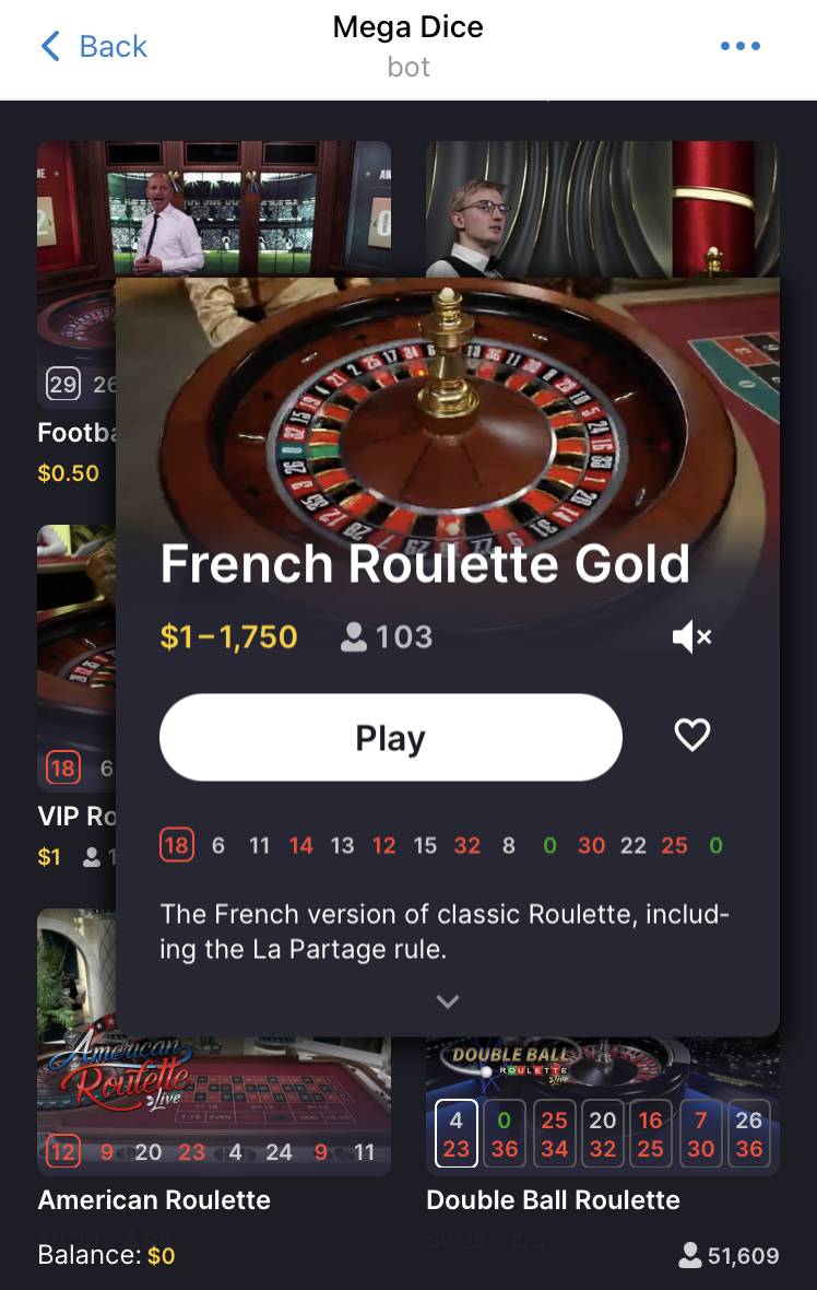 live French roulette at Mega Dice