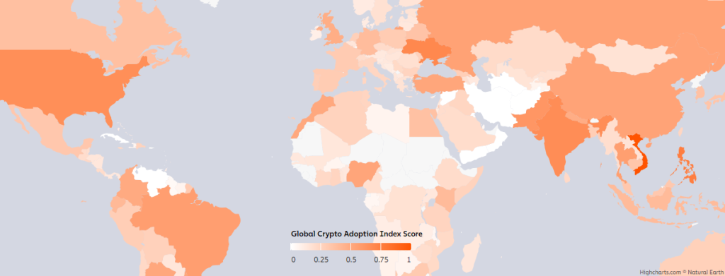 A map of the world showing where cryptocurrencies are being adopted the most