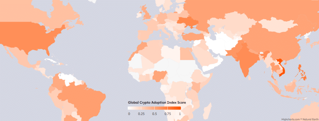 O papel das criptomoedas em economias hiperinflacionárias 5 Um mapa do mundo mostrando onde as criptomoedas estão sendo mais adotadas
