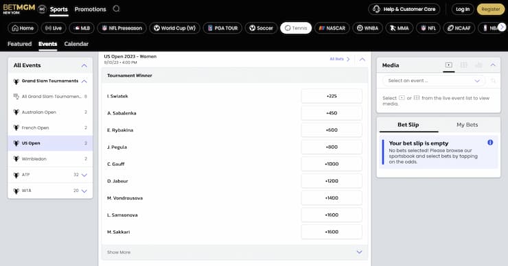 US Open tennis betting tournament winner women's singles
