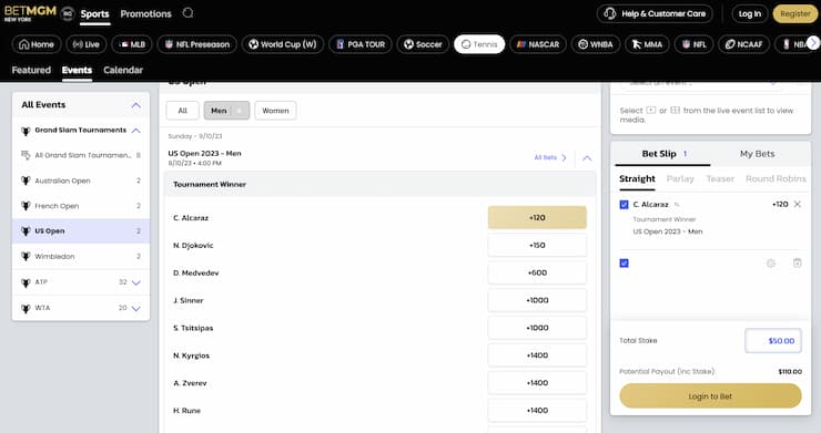 US Open tennis betting tournament winner men's singles bet slip stake