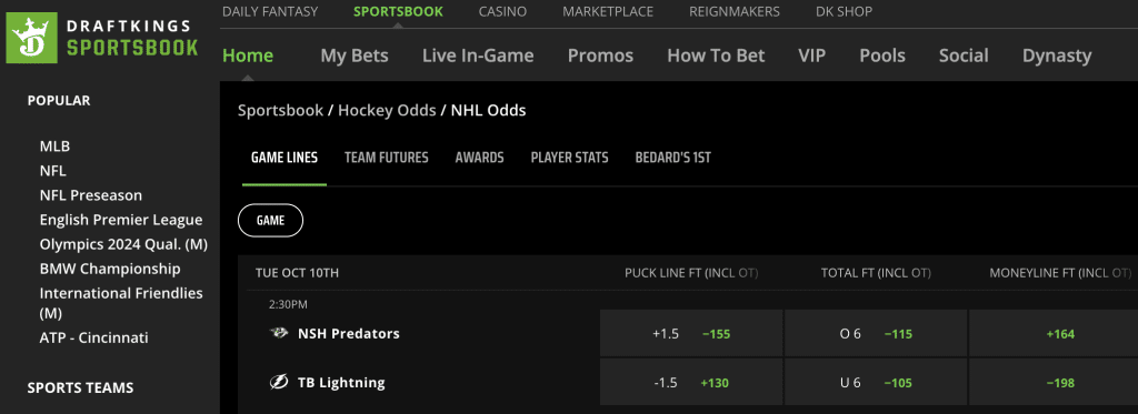 DraftKings Sportsbook NHL betting