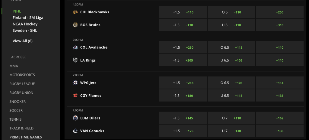 NHL betting section DraftKings