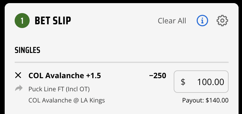 DraftKings NHL bet slip