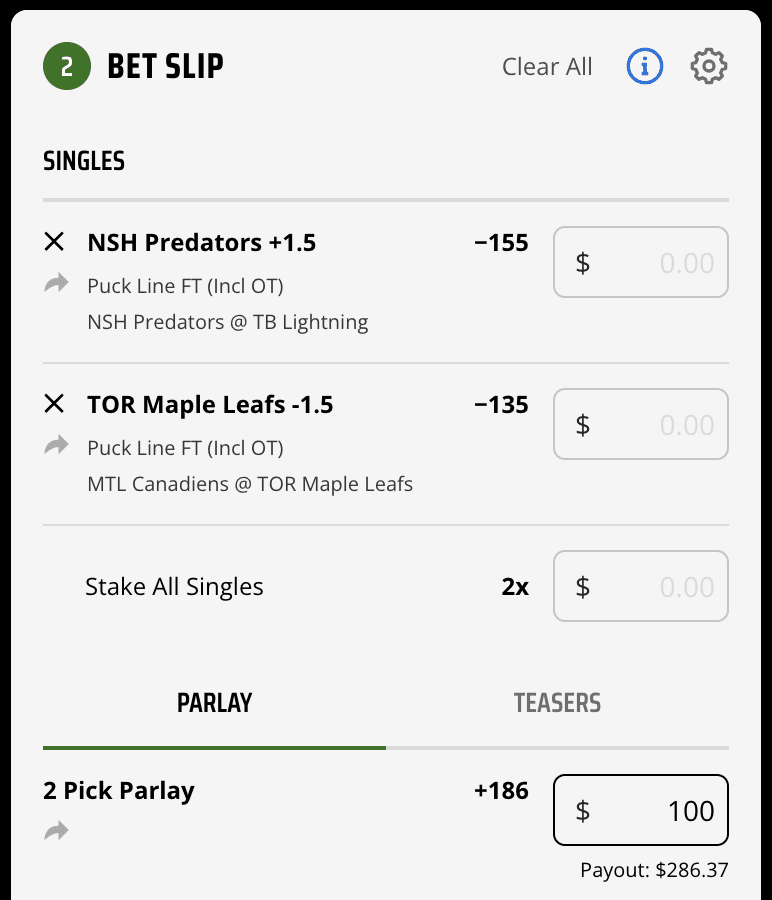 NHL parlay bet DraftKings
