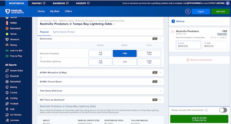 FanDuel hockey betting