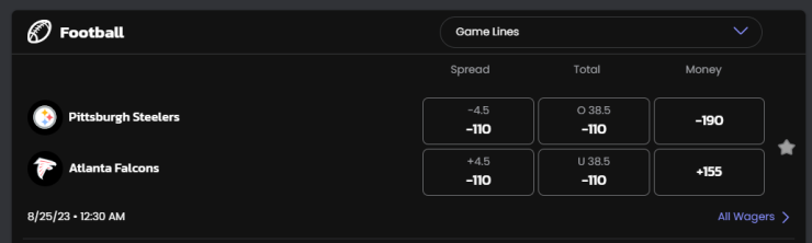 NFL game with equal spread market displayed showing odds.