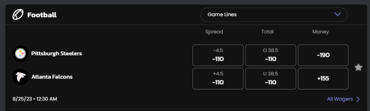 NFL game with equal spread market displayed showing odds.