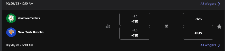Celtics vs. Knicks with spreads displayed.