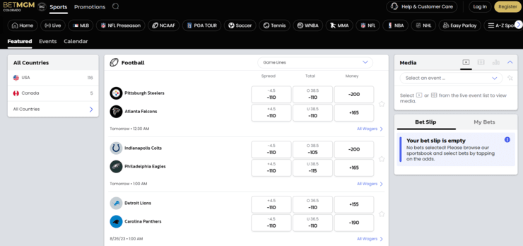 BetMGM football betting screen with PK spreads.