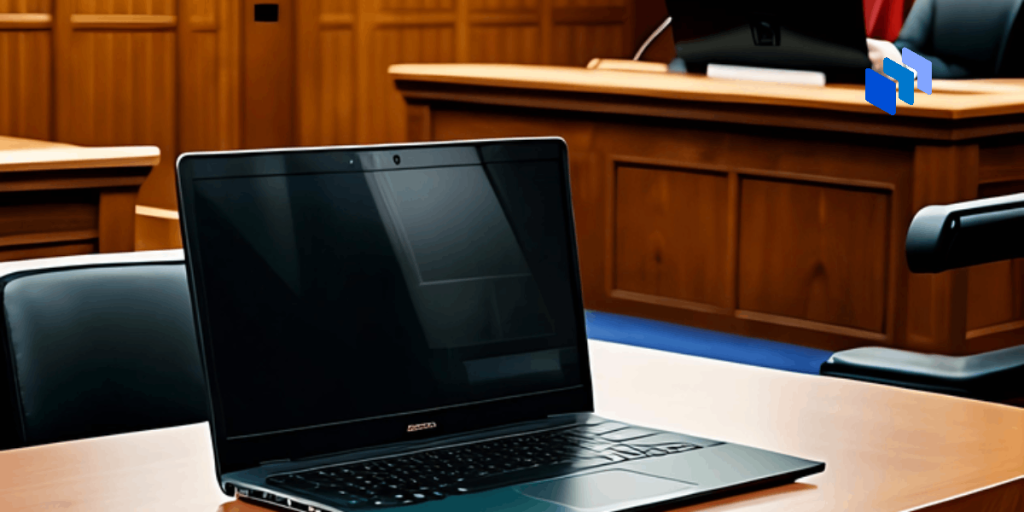 A laptop in a courtroom