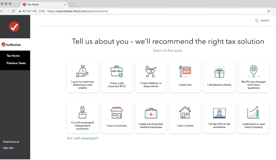 TurboTax interface showcasing situational tax options in which the user selects all those that apply before being recommended tax solutions.