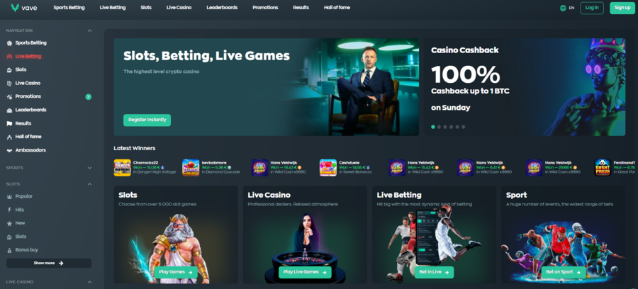 Vave has over 5,000 slots, live dealers, table games, and exclusives