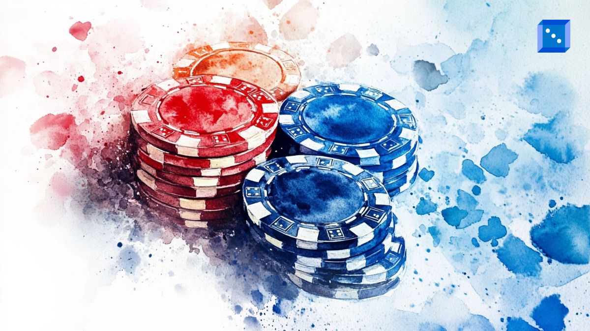 A vibrant watercolor-style digital painting of stacked casino poker chips in red and blue hues. The stacks are arranged with splashes of color surrounding them, creating a dynamic and artistic representation of gambling, poker, and high-stakes gaming.”