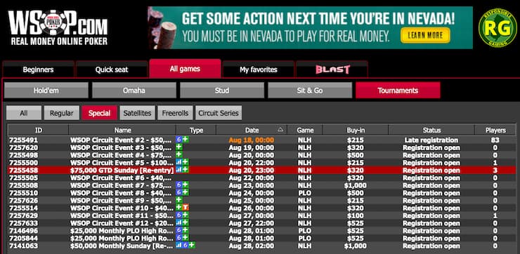 WSOP online tournament tab