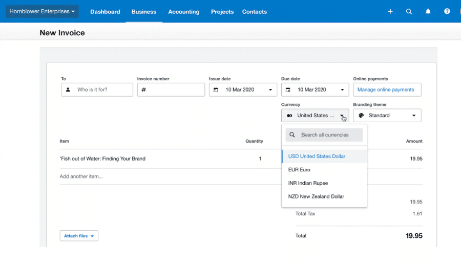 Snapshot of Xero's user dashboard featuring new invoice details, branding theme for invoice, and all currencies worldwide to select from.