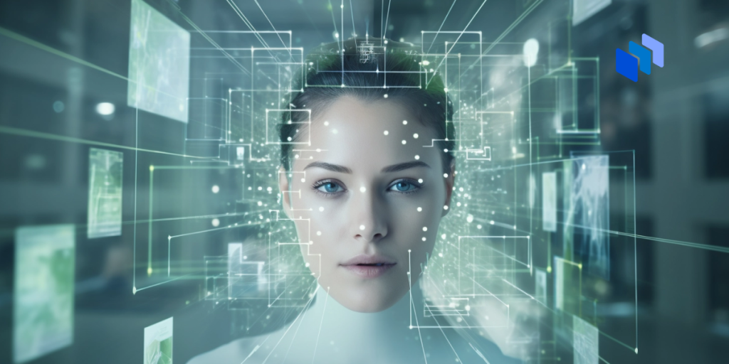 A woman with artificial intelligence data superimposed on her face.