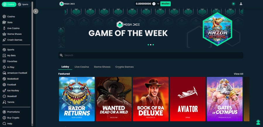 Mega Dice has a large library of slots, live casino, provably fair, and table games. 