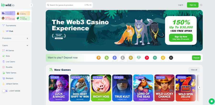 Wild.io offers a wide range of casino games and covers numerous cryptocurrencies. 