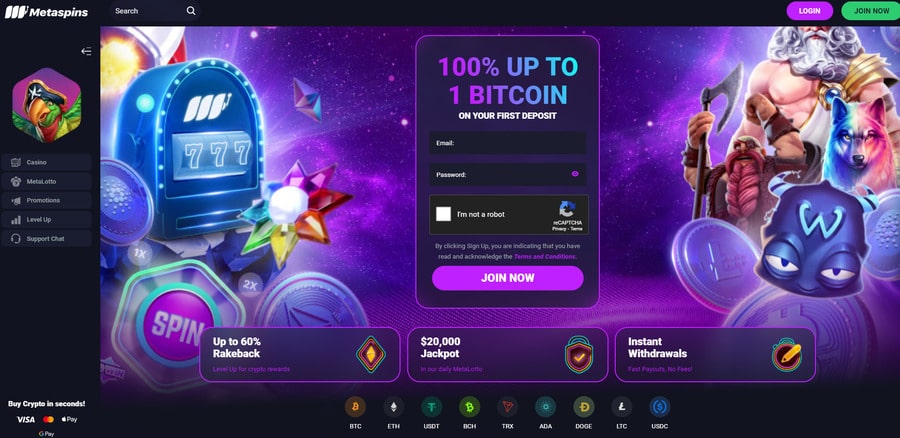 Metaspins offers instant withdrawals, ,000 jackpots, and rakebacks of up to 60%.