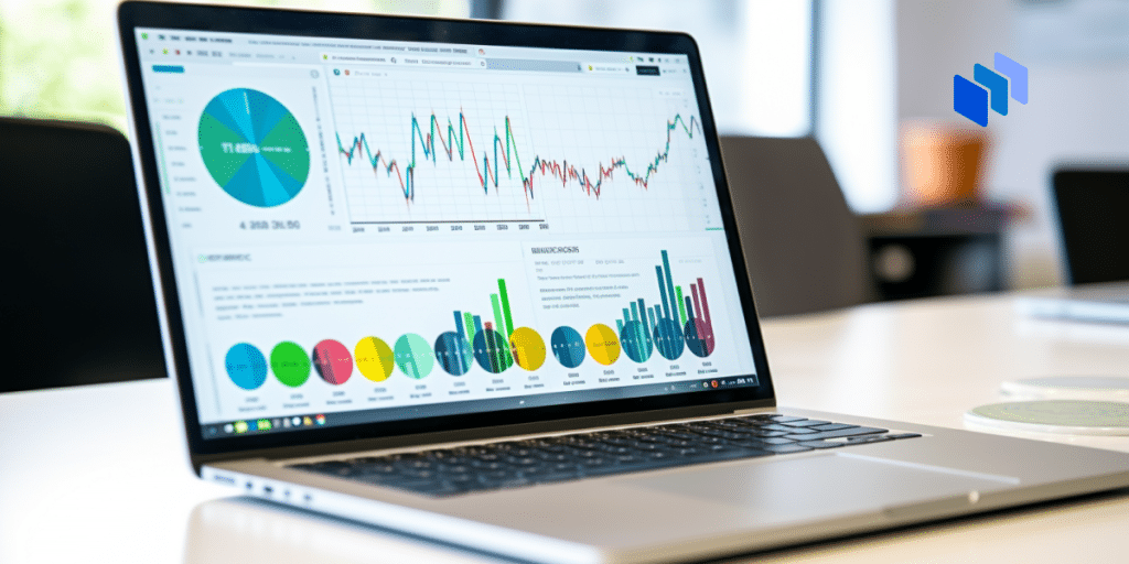 A laptop with bar charts on screen