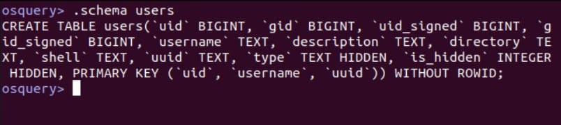 schema users command