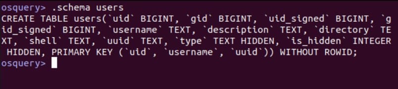 schema users command