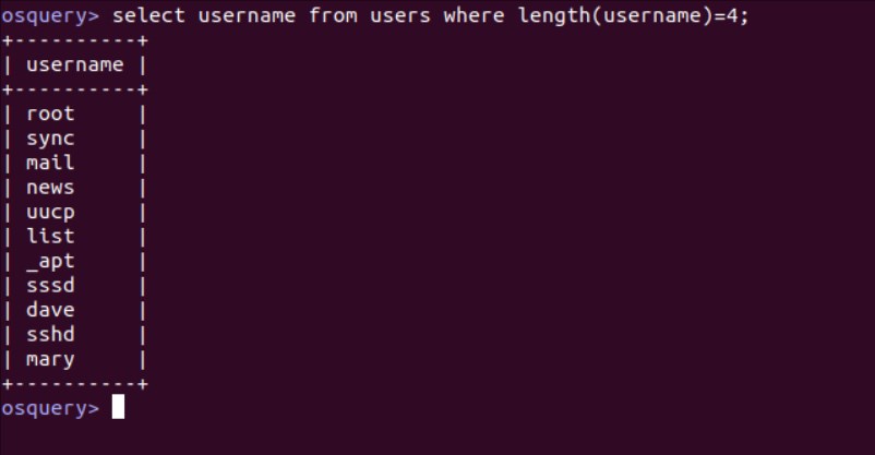 Select username where users length command