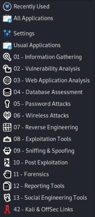 Kali software menu