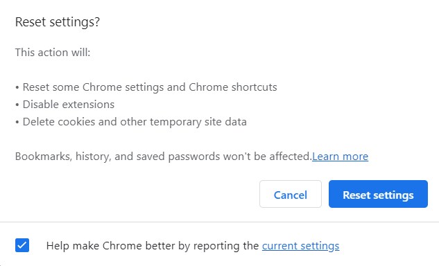 The reset Chrome option in Google Chrome