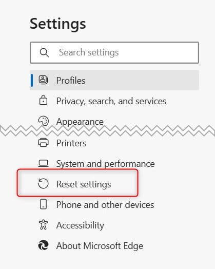 Reset Settings option in Edge