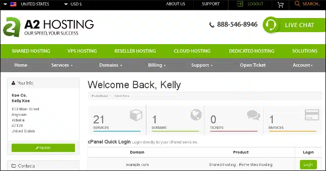 A2Hosting dashboard