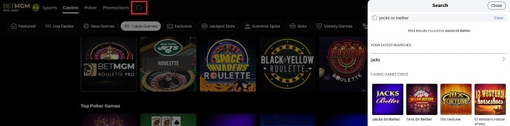 BetMGM Jacks or Better Search
