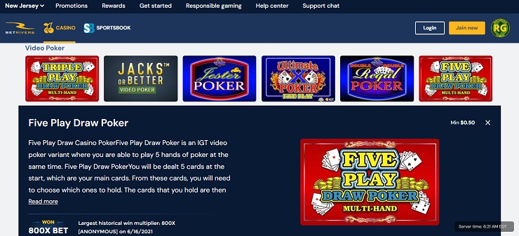 BetRivers Casino Video Poker Games