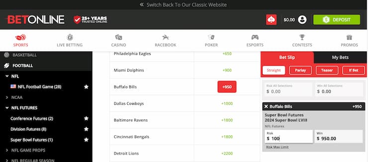 Betonline NFL markets