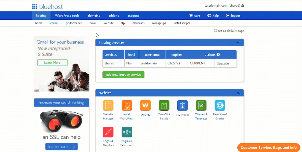 BlueHost-interface