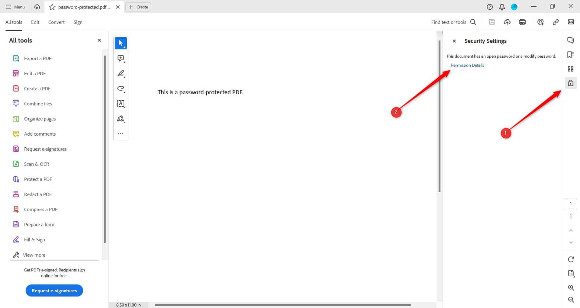 Click the lock in Adobe Acrobat Pro
