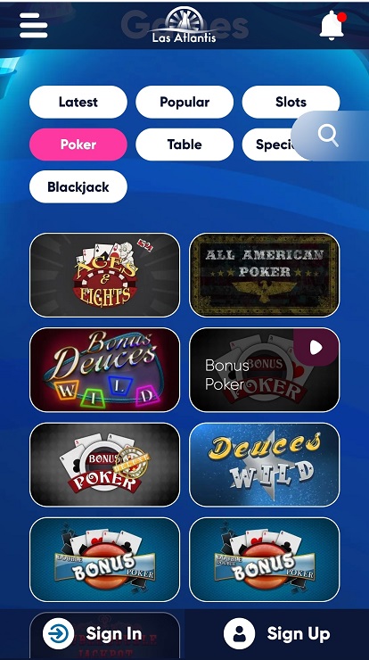 Las Atlantis Mobile Video Poker