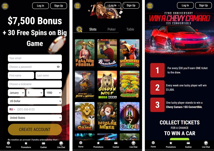 Lucky Creek Casino Mobile App Screens