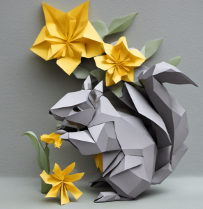 Origami grey squirrel sniffing yellow flower