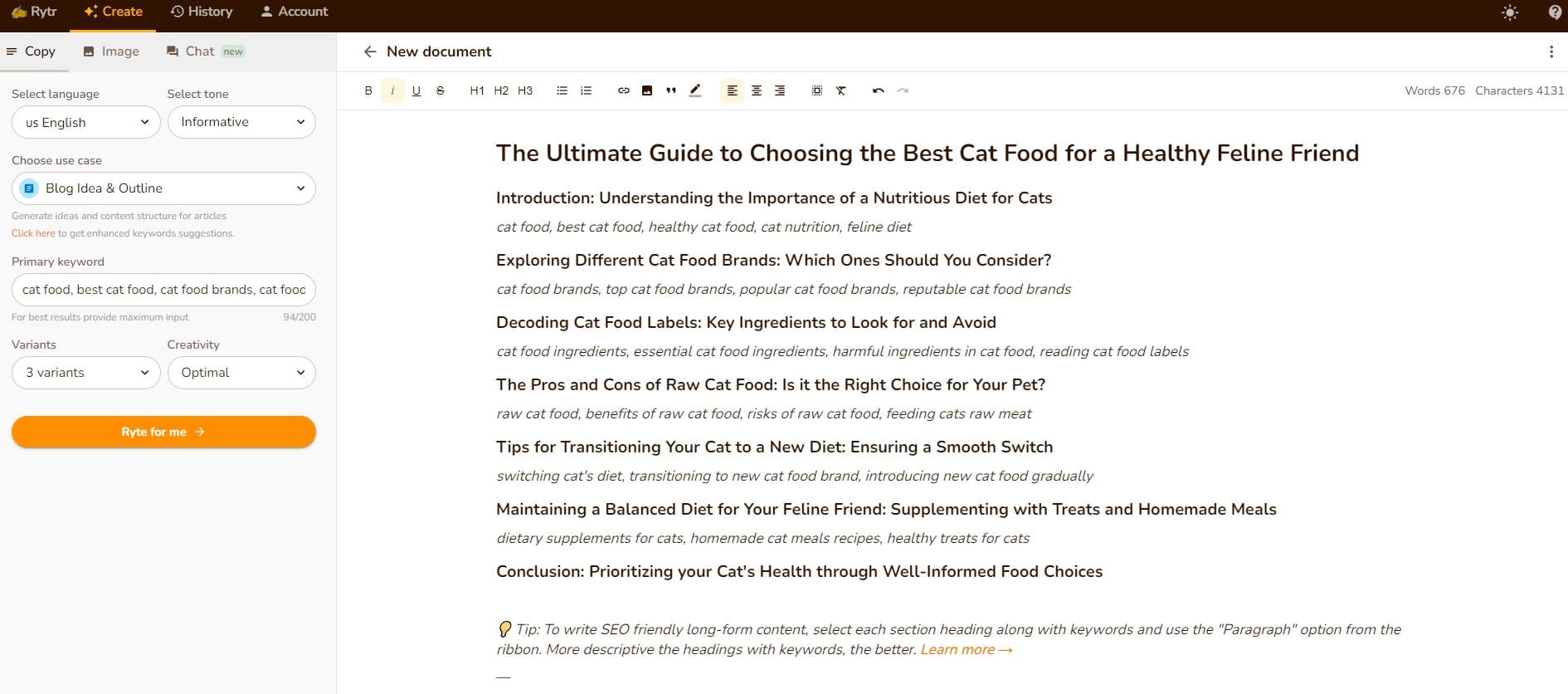 Rytr cat food outline
