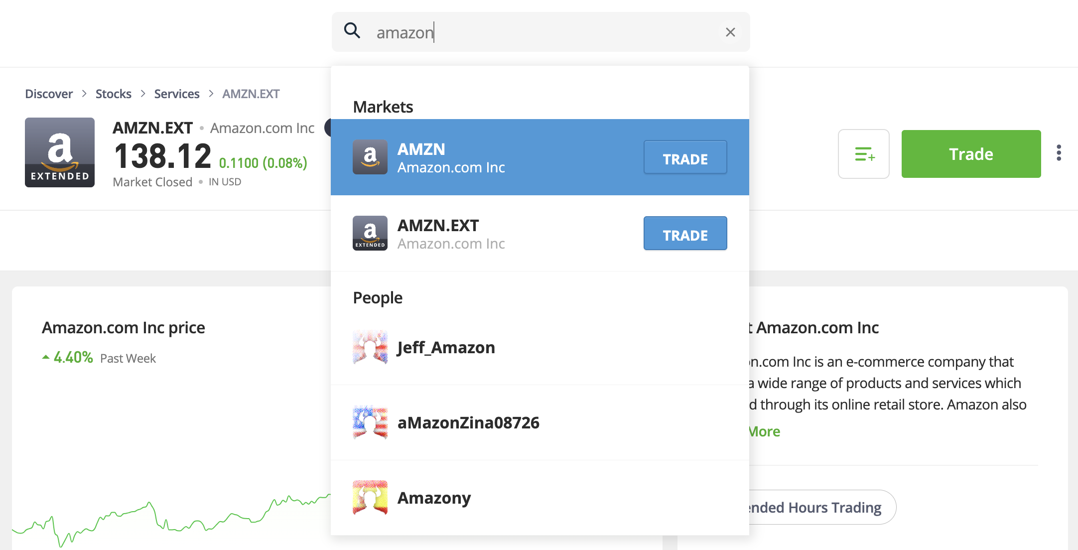 Search for Amazon shares on eToro