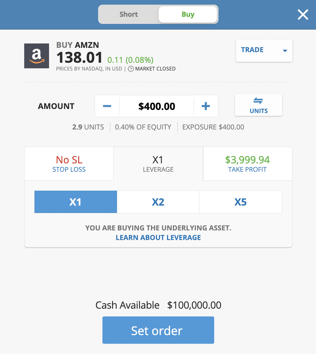 eToro buy Amazon shares 