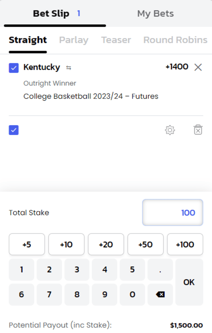 Bet slip at BetMGM displaying NCAAB bet.