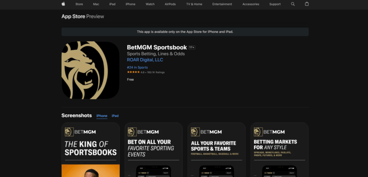 App Store page for BetMGM Sportsbook.