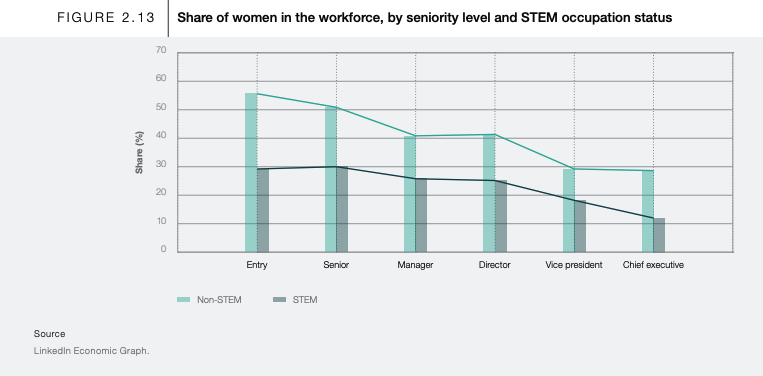What jobs will AI replace: Share of women in the workforce, by seniority level and STEM occupation status